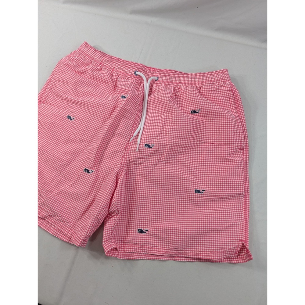 New No Tags Vineyard Vines Pink White Gingham Whale Embroidered Print Trunks L